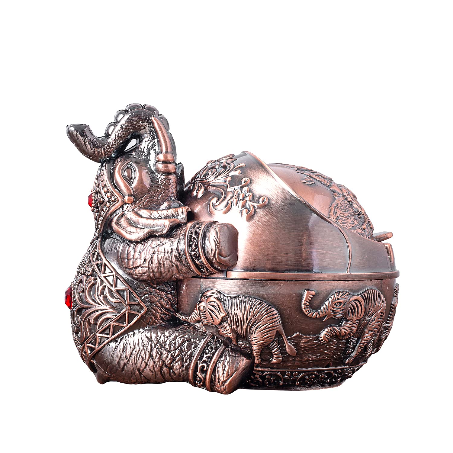 Vintage Decorative Windproof Ashtray with Lid for Cigarettes Metal Portable Cigarette Ashtray Odor Indoor Outdoor Hand Carved Fancy Gift ornament for Men Women (Red Copper Elephant)