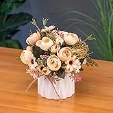 Hbluefat Fake Flowers in Vase, Small Artificial Silk Flowers with Ceramic Vase, Faux Flower Arrangement for Home Office, Coffee Dining Table Centerpiece Decor (Orange,Bead Rose)