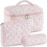 UUYUUY Makeup Bag for Women 3PCS Quilted Cotton Make Up Bag Travel Cosmetic Bag Large Makeup Bag Set Cute Makeups Organizer Floral Toiletry Pouch for Purse, Pink Floral D
