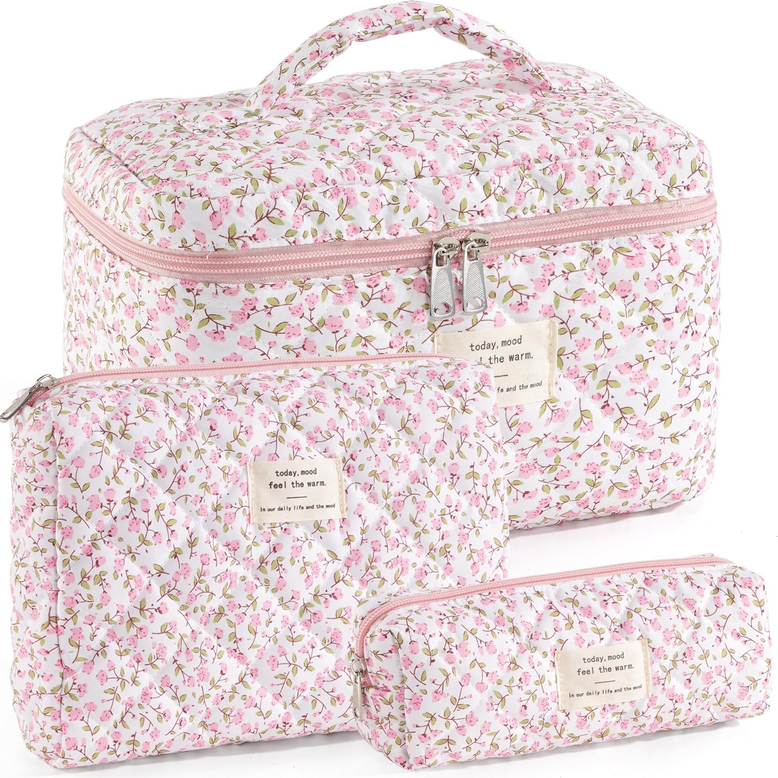 Photo 1 of **PARTIAL SET/ HAS SMALLEST BAG** UUYUUY Makeup Bag for Women 3PCS Quilted Cotton Make Up Bag Travel Cosmetic Bag Large Makeup Bag Set Cute Makeups Organizer Floral Toiletry Pouch for Purse, Pink Floral D