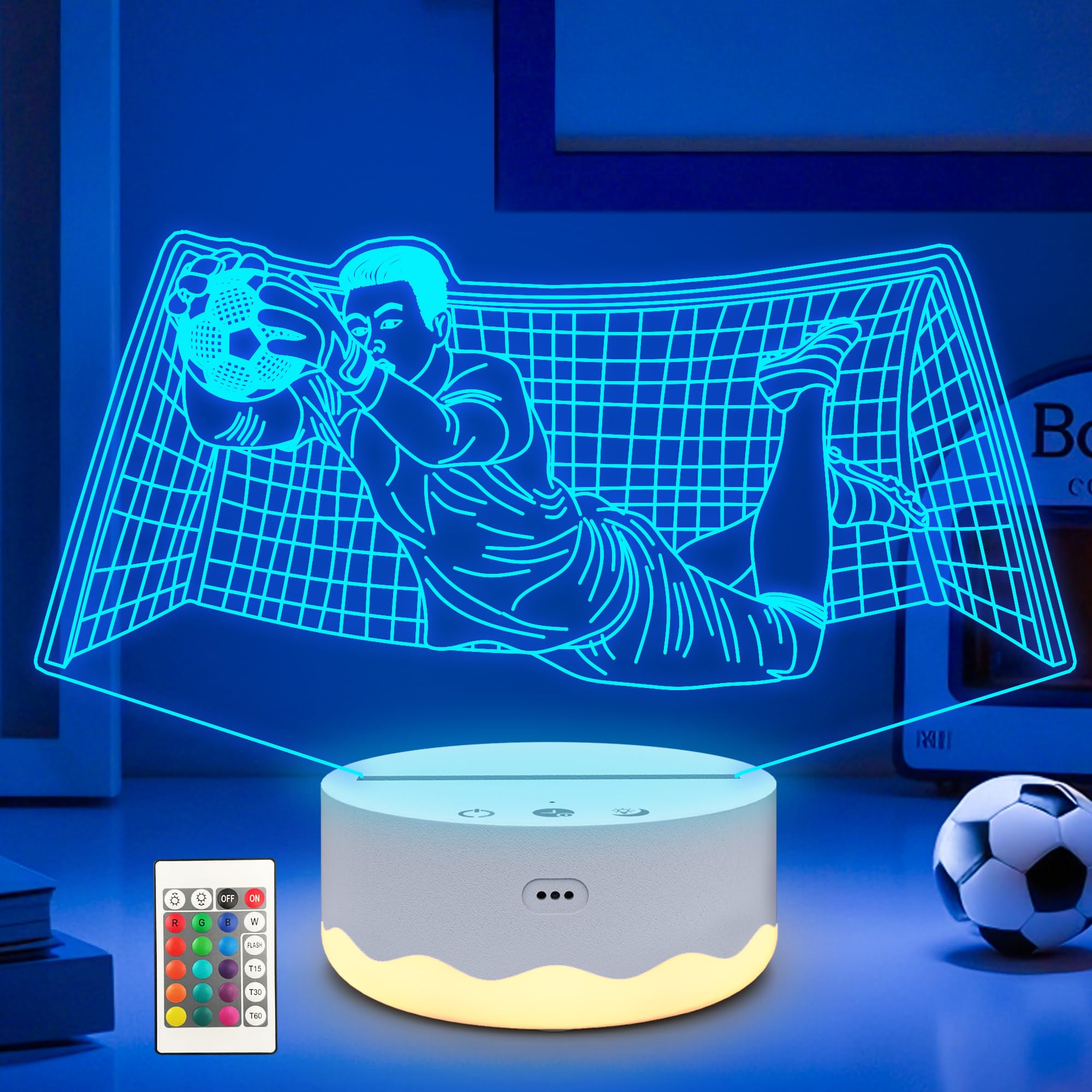 Ammonite Football Gifts for Boys, Cool Football Goalie Night Light 3D Optical Illusion LED Lamp with Remote Control 16 Colors Changing Soccer Birthday Gift for Sport Fan Girls Man