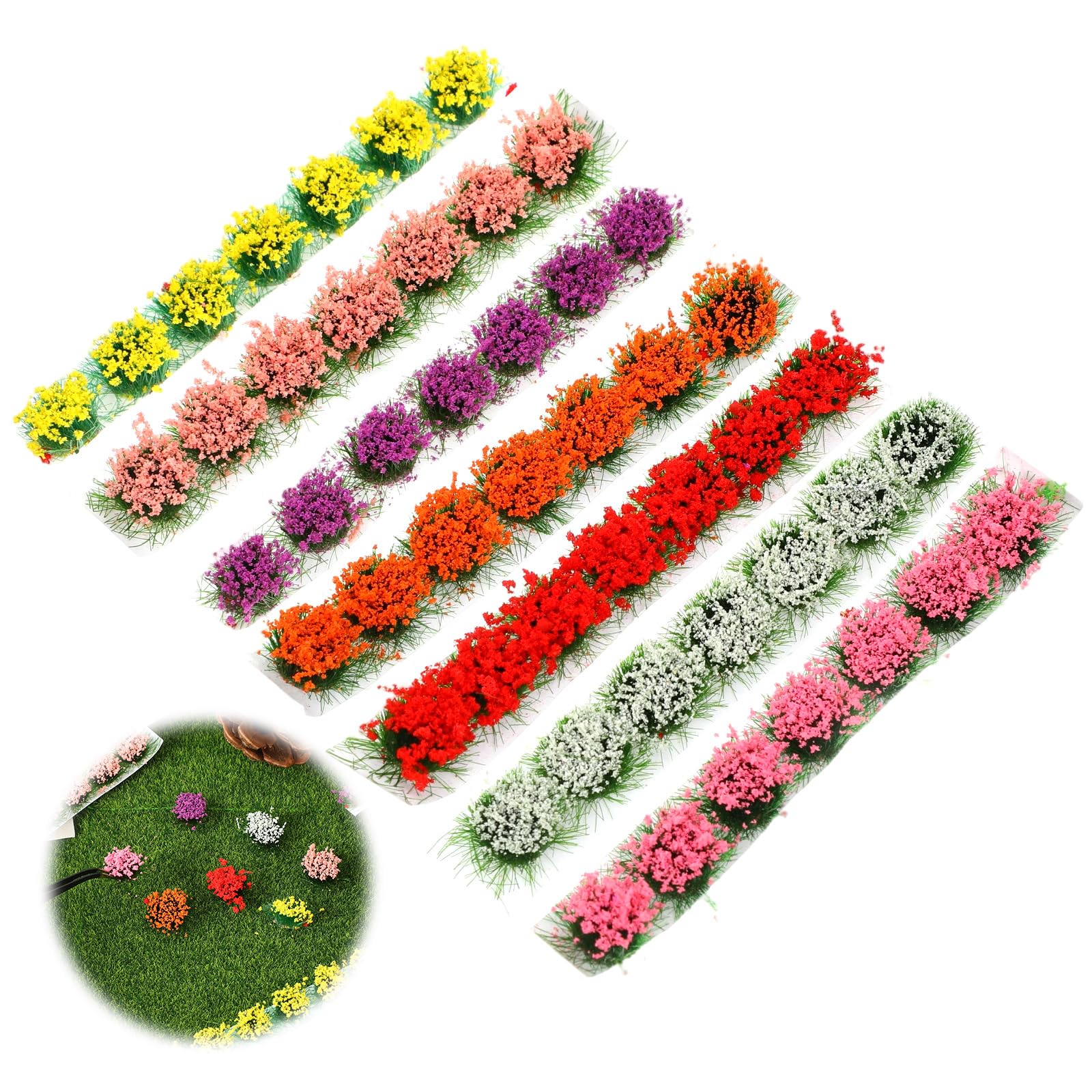 49PCS Miniature Flowers Cluster for Crafts, DIY Miniature Colorful Flower Cluster, Static Grass Tufts, Self-Adhesive Flower Vegetation Groups, Diorama Base Materials Supplies for Train Railroad