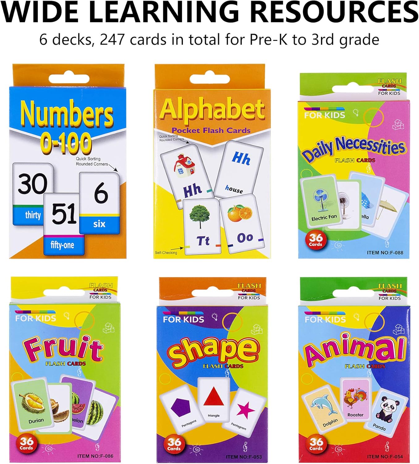 Conzy Flash Cards for Toddlers 2 3 4 5 6 Years, Sets of 6 - ABC Alphabet, Number, Shape and Color, Fruit, Animal, Necessities, Great Value Pack First Words Flash Cards for Kindergarten or Preschool