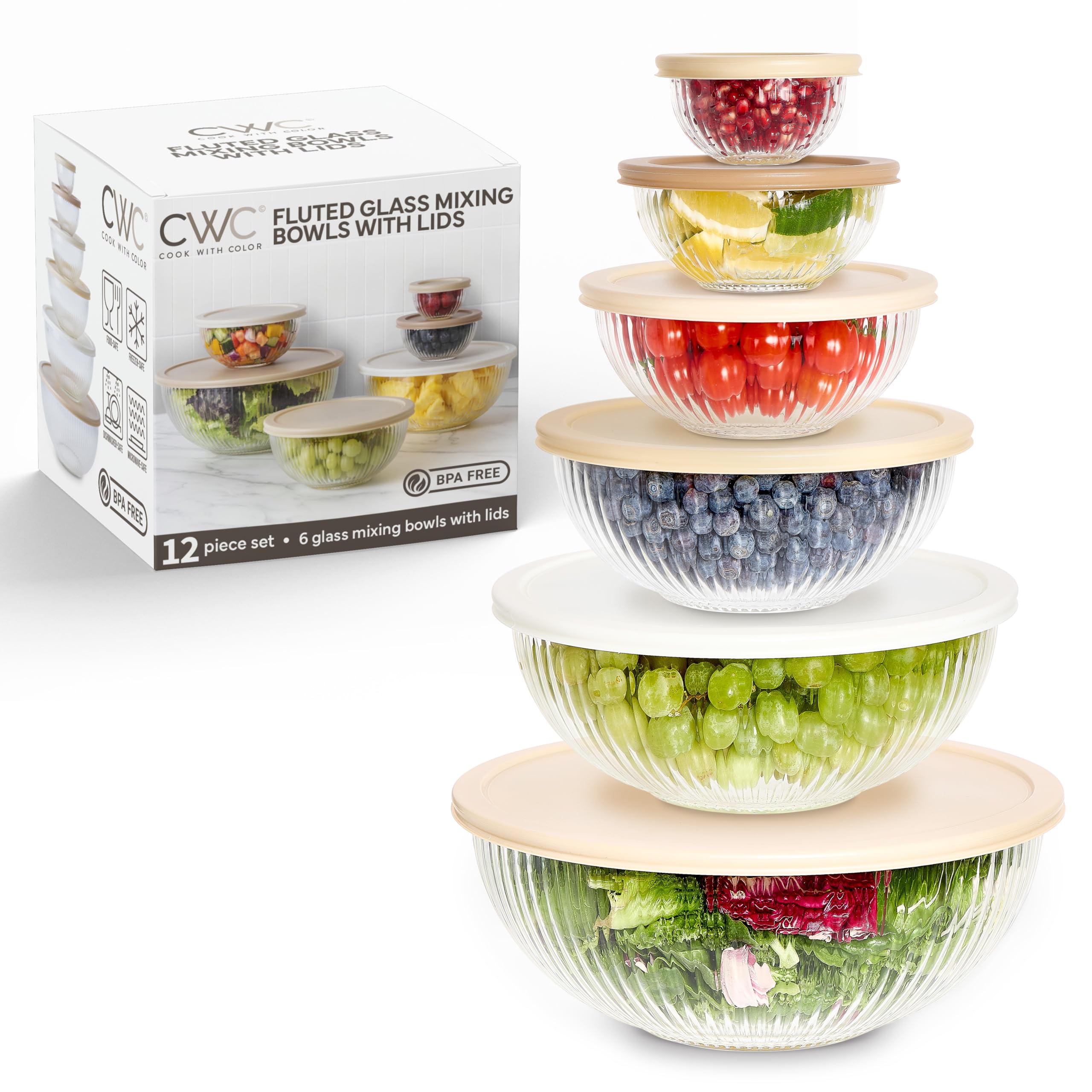 Photo 1 of COOK WITH COLOR 12 Pc Glass Mixing Bowl Set with Lids – Borosilicate Glass Nesting Bowls for Cooking, Baking and Meal Prep, Fluted Brown