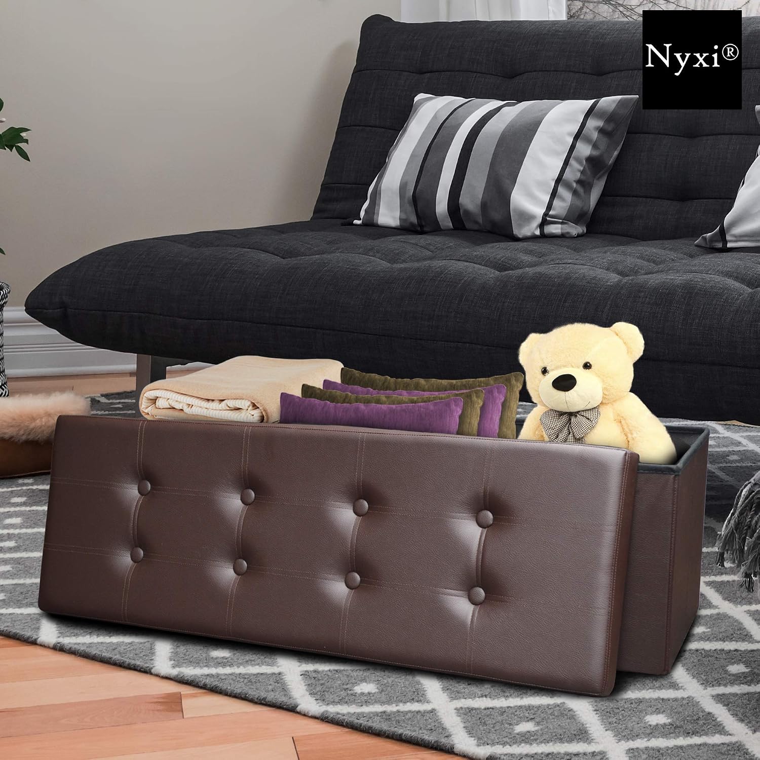 Nyxi Faux Leather 110 * 38 * 38 cm Brown Ottoman Foldable Storage Boxes Seat Foot Stool Storage Box with Lids for Kids Toys Bedroom - Image 4