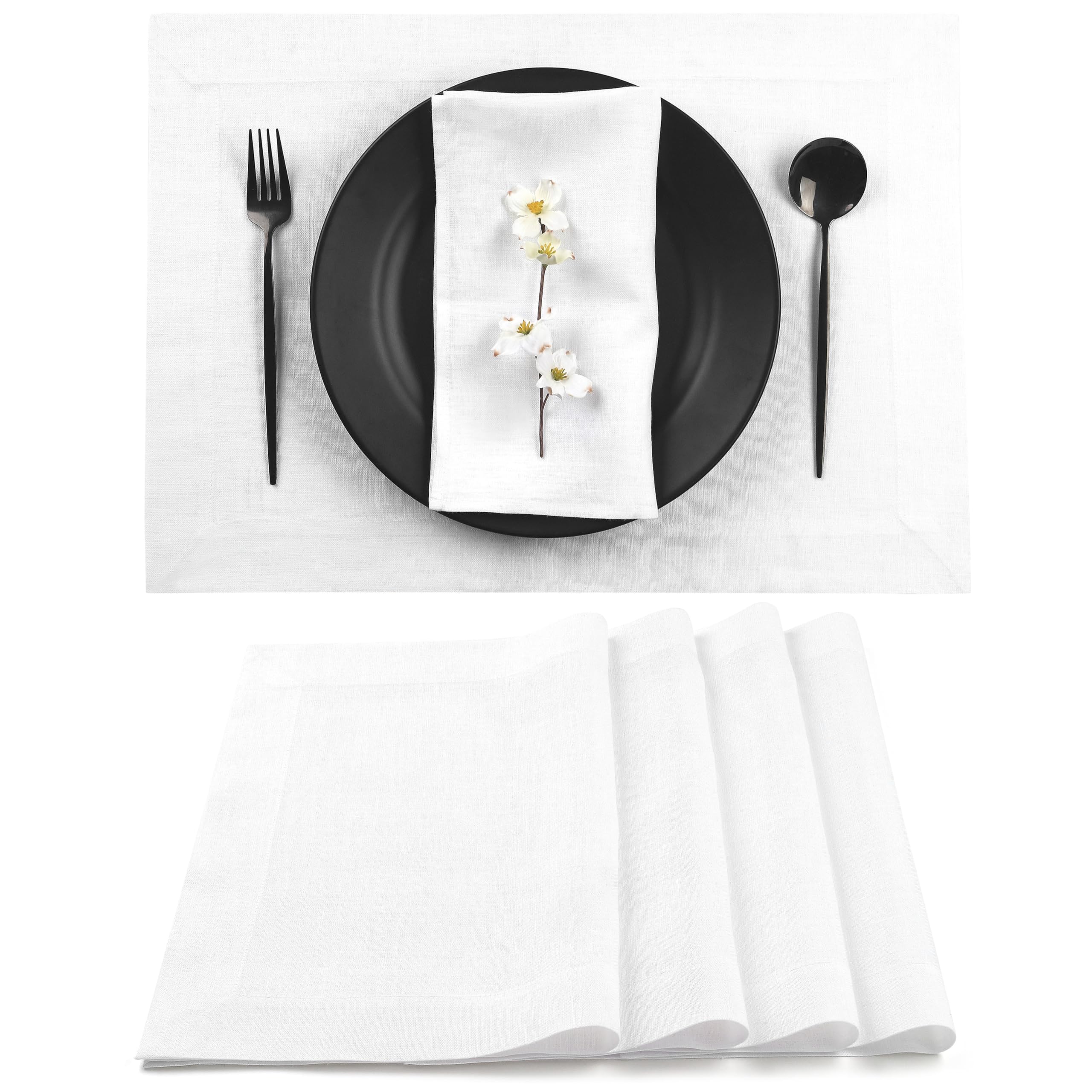D'Moksha Homes Linen Placemats Set of 4-100% Pure Linen White Placemats 14 x 19 Inch - Washable White Placemats