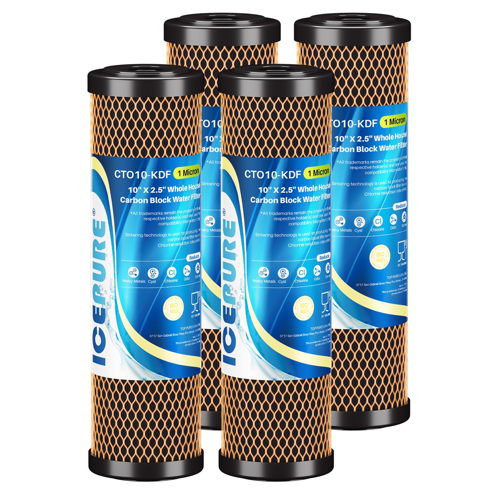 ICEPURE Filtro de agua para toda la casa de 1 micrón, 2,5 x 10 pulgadas, carbón CTO activado y cartucho KDF para el hogar, compatible con WFPFC8002, WFPFC9001, FXWTC, SCWH-5, WHEF-WHWC, AMZN-SCWH-5, 4 unidades
