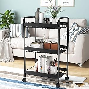 3-Tier Utility Rolling Cart, Metal Storage Cart Organizer for Kitchen, Living Room, Bathroom, Shelving Unit with Wheels