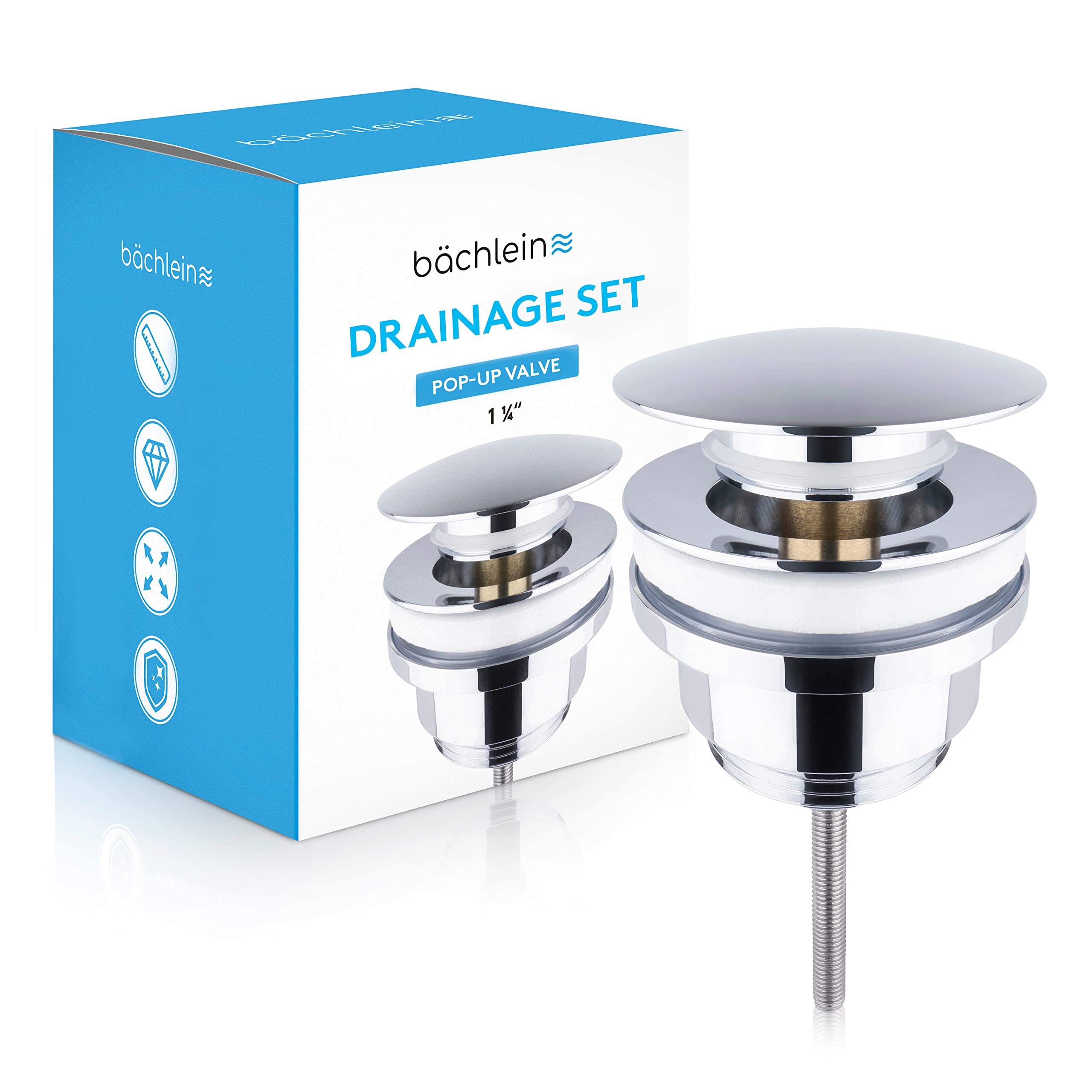 Bächlein Universal Drain Set Without Overflow (Chrome - Space Saving) - Brass Drain Valve Drain Set - Installation with Instructions
