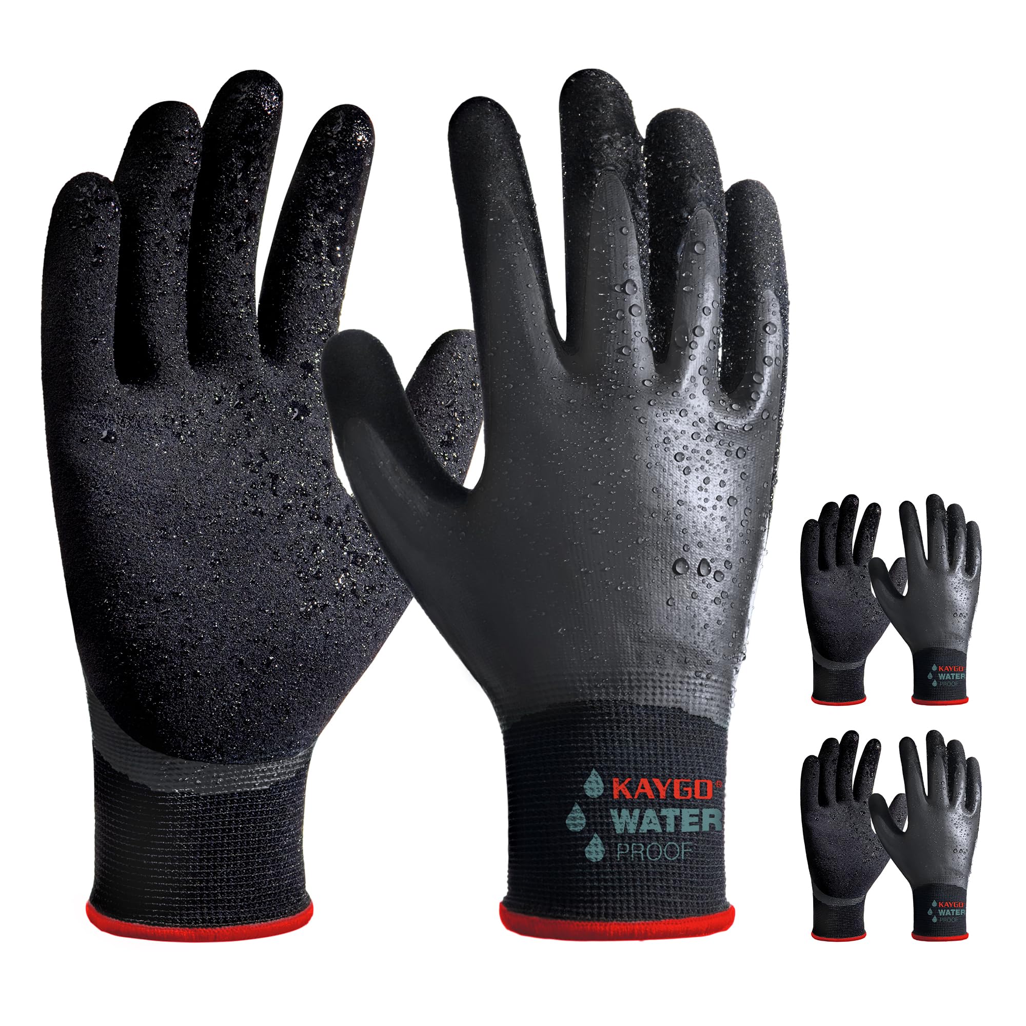 KAYGO Waterproof Work Gloves for Men and Women with Double Latex Coated, Non-Slip Super Grip for Gardening Car Washing Fish Cleaning (Black, S, 3 Pairs)