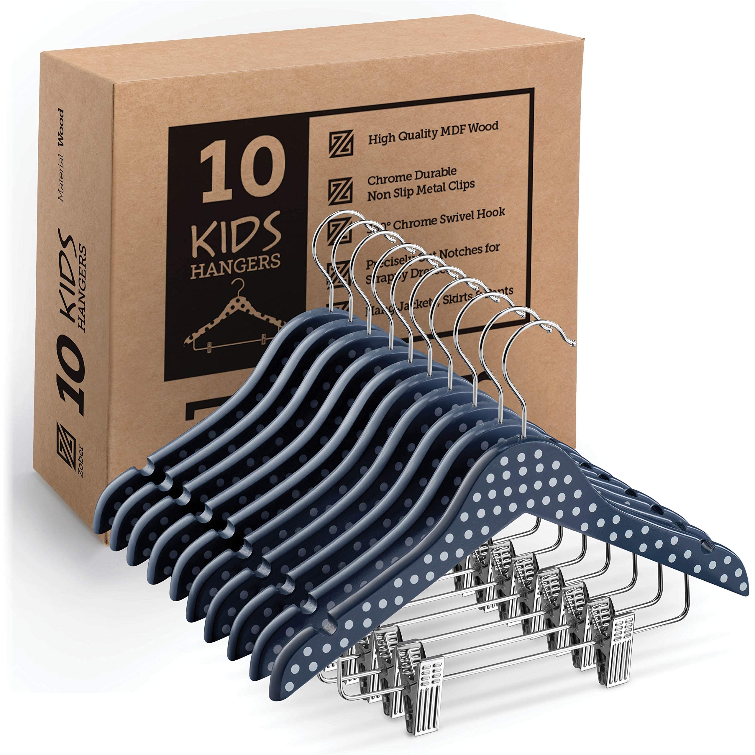 High-Grade Wooden Kids Hanger Set With Clips (10 Pack) - Cute & Charming 32cm Nursery Coat Storage With 360° Hook & Dress Notches for Toddler Trousers & Skirts
