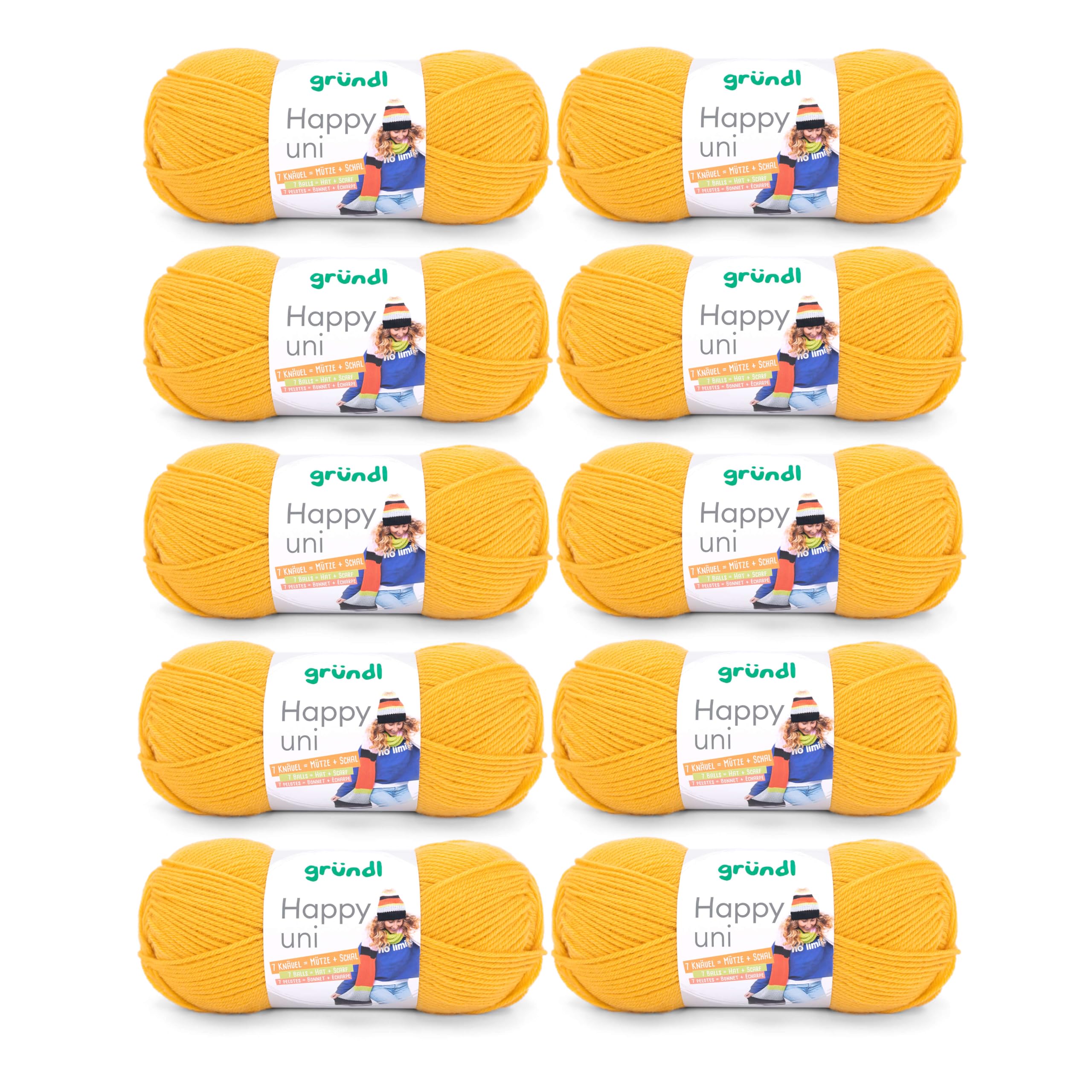 Gründl Happy Plain Knitting and Crochet Yarn with Wool-Like Character 100% Polyacrylic Anti-Pilling 100g/250m Needle Size 4-5 10 x 100g Corn Yellow
