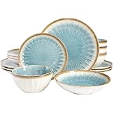 Gibson Elite Mayfair Bay 16-Piece Embossed Double Bowl Dinnerware Set, Service for 4 – Blue Stoneware Plates and Bowls
