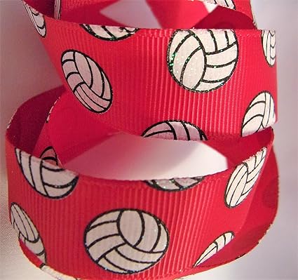 Grosgrain Ribbon Glitter Volleyball Print Red Ribbon With White
