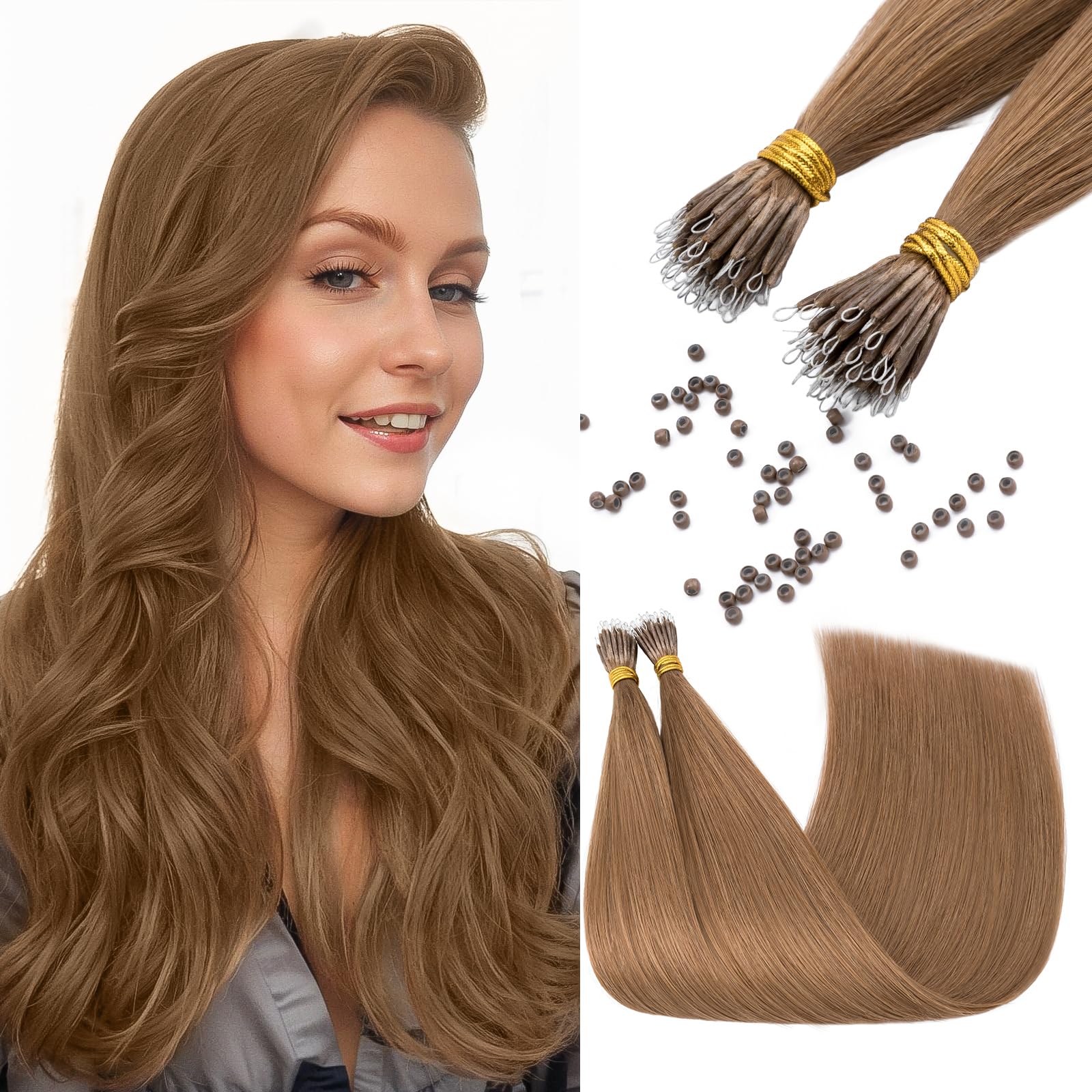 Elailite Nano Ring Extension Real Human Hair Cold Fusion With Nano Beads Remy Hair 50 Strands 35g Straight （#6 Light Brown, 20 Inch) — image 1