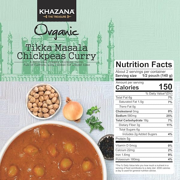 KHAZANA ORGANIC READY TO EAT MEALS – TIKKA MASALA CHICKPEAS CURRY (PACK OF 1, 10OZ POUCHES) – NON-GMO, VEGAN, GLUTEN FREE & KOSHER – AUTHENTIC INDIAN CUISINE IN 90 SECONDS!