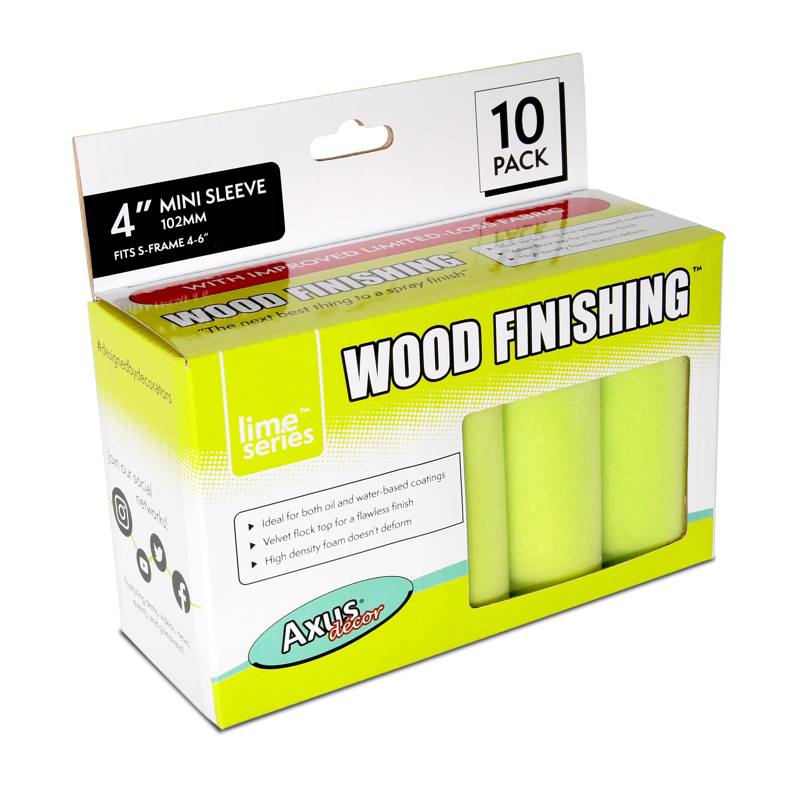 Axus Decor Wood Finishing Roller (Lime Series) Mini Roller Sleeves for Smooth Finish Painting, for Professional & DIY Projects, Compatible with Solvent & Water Based Paints – 4 Inch/100mm, Pack of 10