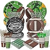300 Pcs Football Plates and Napkins Tableware Sets (Serve 50), Football Party Supplies, Including Football Plates Napkins Forks Straws and Cups (Blending 2 Designs), Suitable for Game Day Party