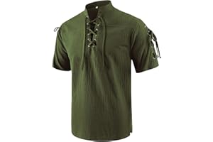 mogenda Men’s Renaissance Costume Beach Shirts Short Sleeve Lace-up Viking Pirate T-Shirts V Neck Hippie Yoga Tops