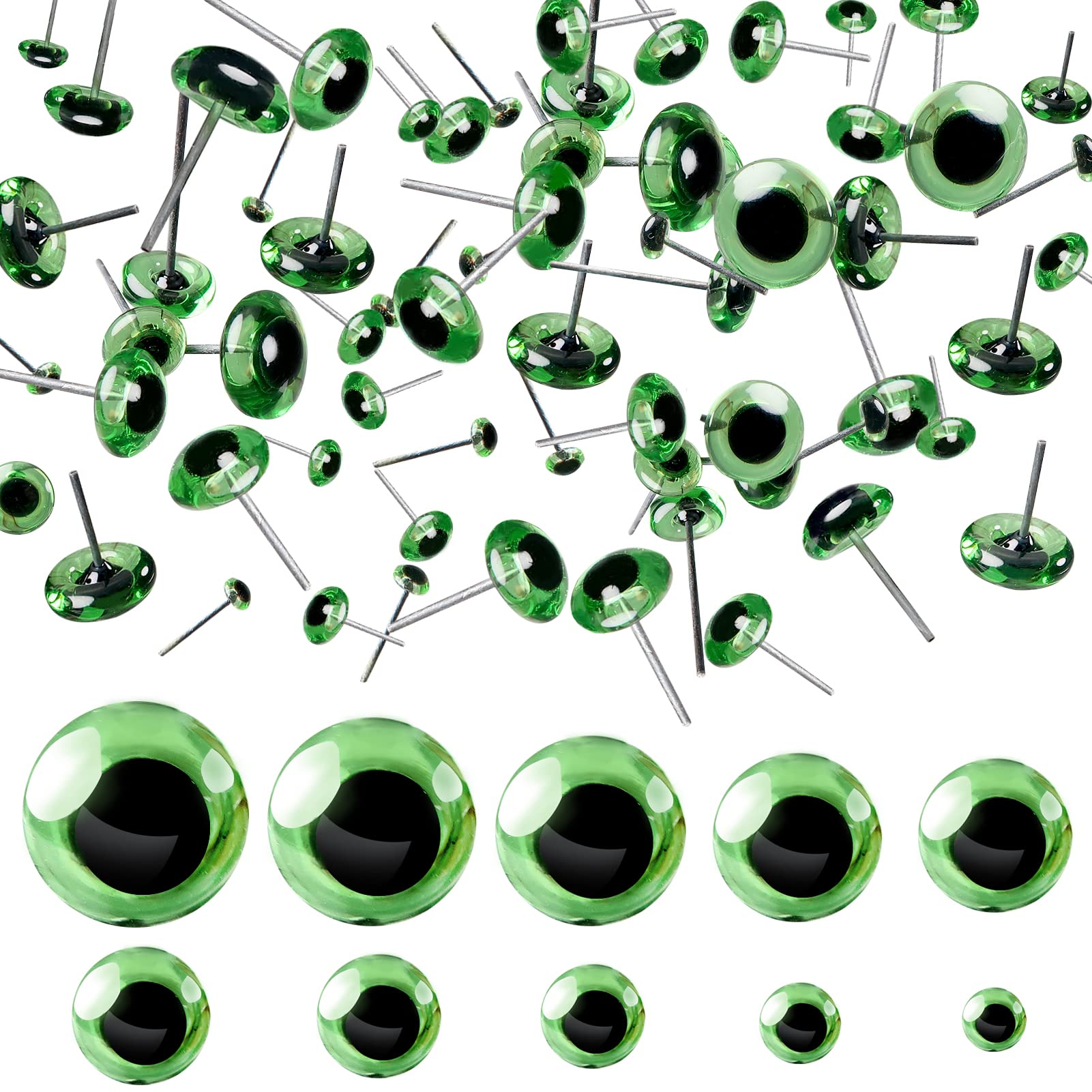 TOAOB Pack of 100 Glass Eyes Doll Eyes Green Mixed Size Round Plug in Metal Nail Safety Eyes for Doll Making