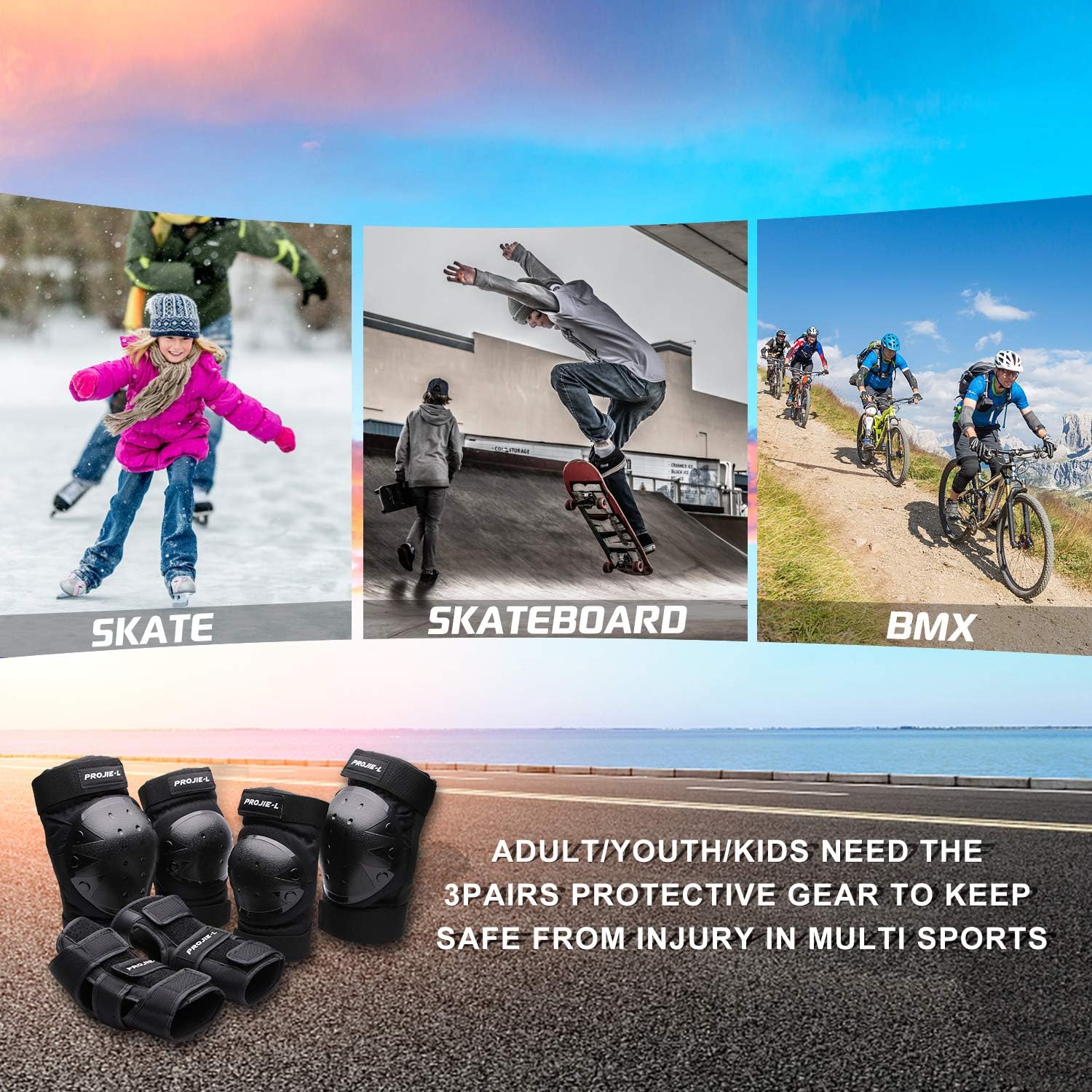   Protective Gear Set for Youth/Adult Knee Pads Elbow Pads Wrist Guards for Skateboarding Roller Skating Inline Skate Cycling Bike BMX Bicycle Scootering 6pcs  : Sports & Outdoors