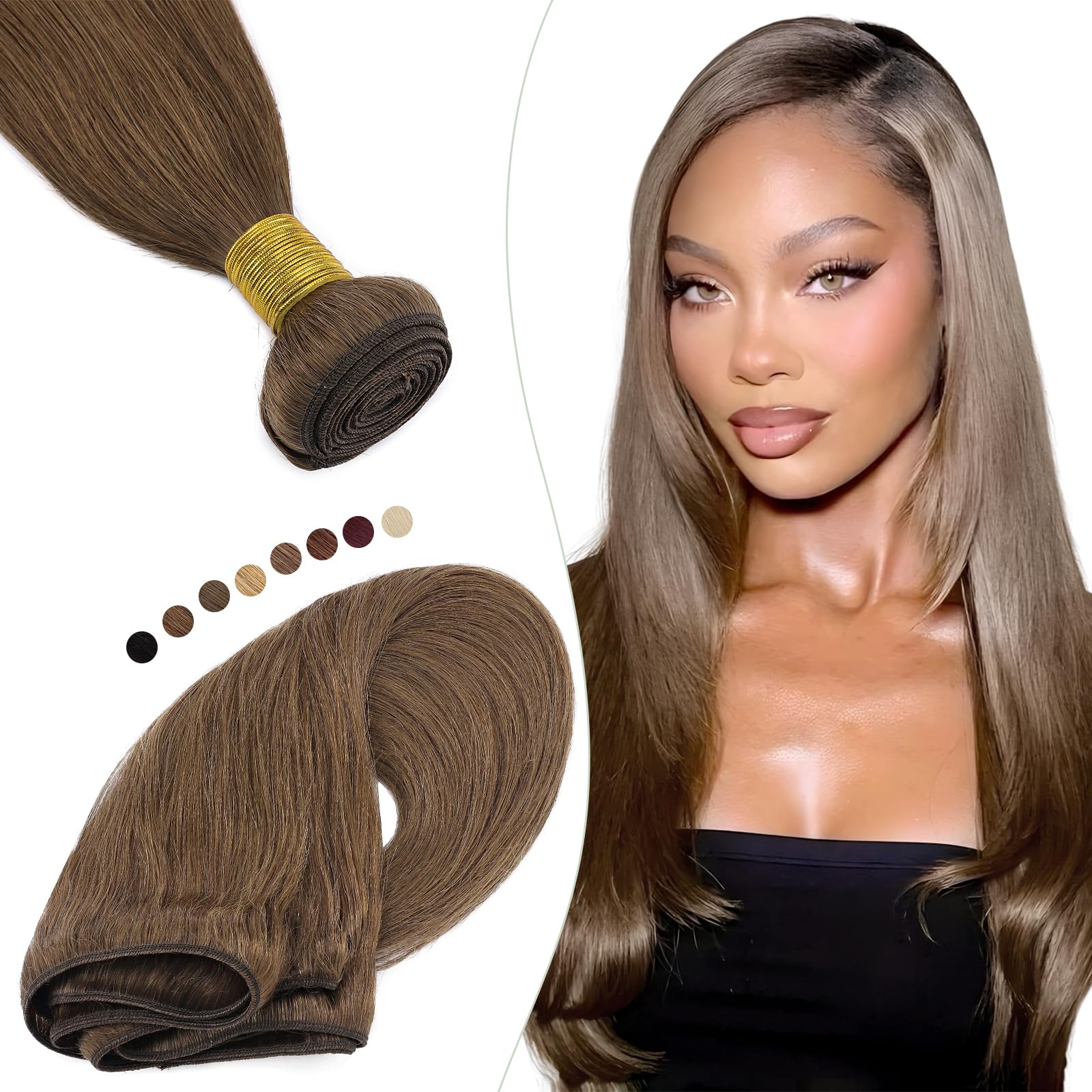 Elailite Human Hair Weave Bundles #6 Light Brown - 100% Real Natural Human Hair Remy Weft No Clips Straight - 8 inches