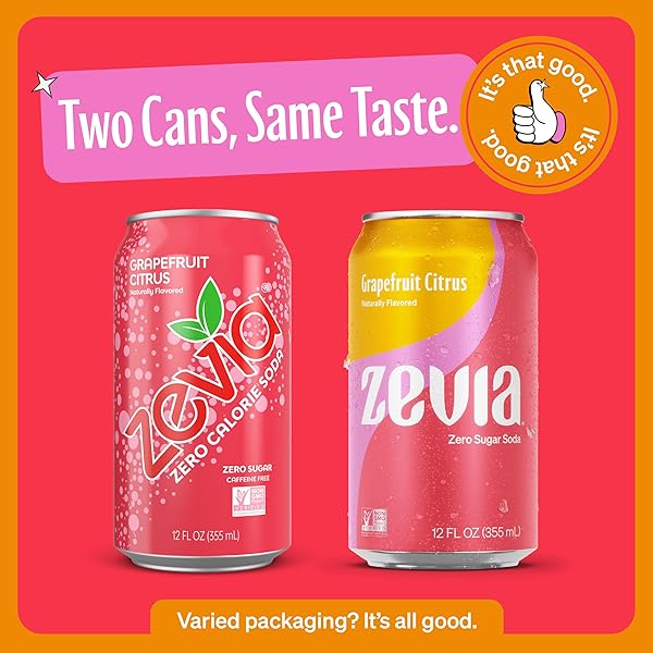 ZEVIA ZERO SUGAR, GRAPEFRUIT CITRUS SODA, CAFFEINE FREE, 12 FL OZ CANS (PACK OF 24)