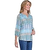 MULTIPLES Women's Three Quarters Sleeve Notch Neck Embroidery Top, Multi