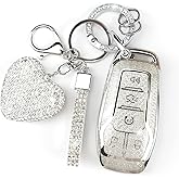 YIKECASE Key Fob Cover with Diamond Keychain Car Key Holder Case Compatible with Ford Fusion Mustang F150 Edge Explorer Lincoln MKZ MKC MKX Protector for Women, 5 Buttons (Silver-Heart)