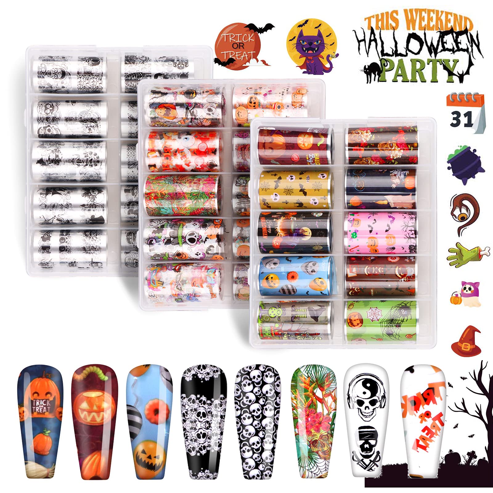 Kalolary 30 Rolls Nail Foil Transfer Stickers - Halloween Pumpkin Spider Vampires Devil Design Nail Art Accessories Decals Wraps for Girls Women DIY Decoration