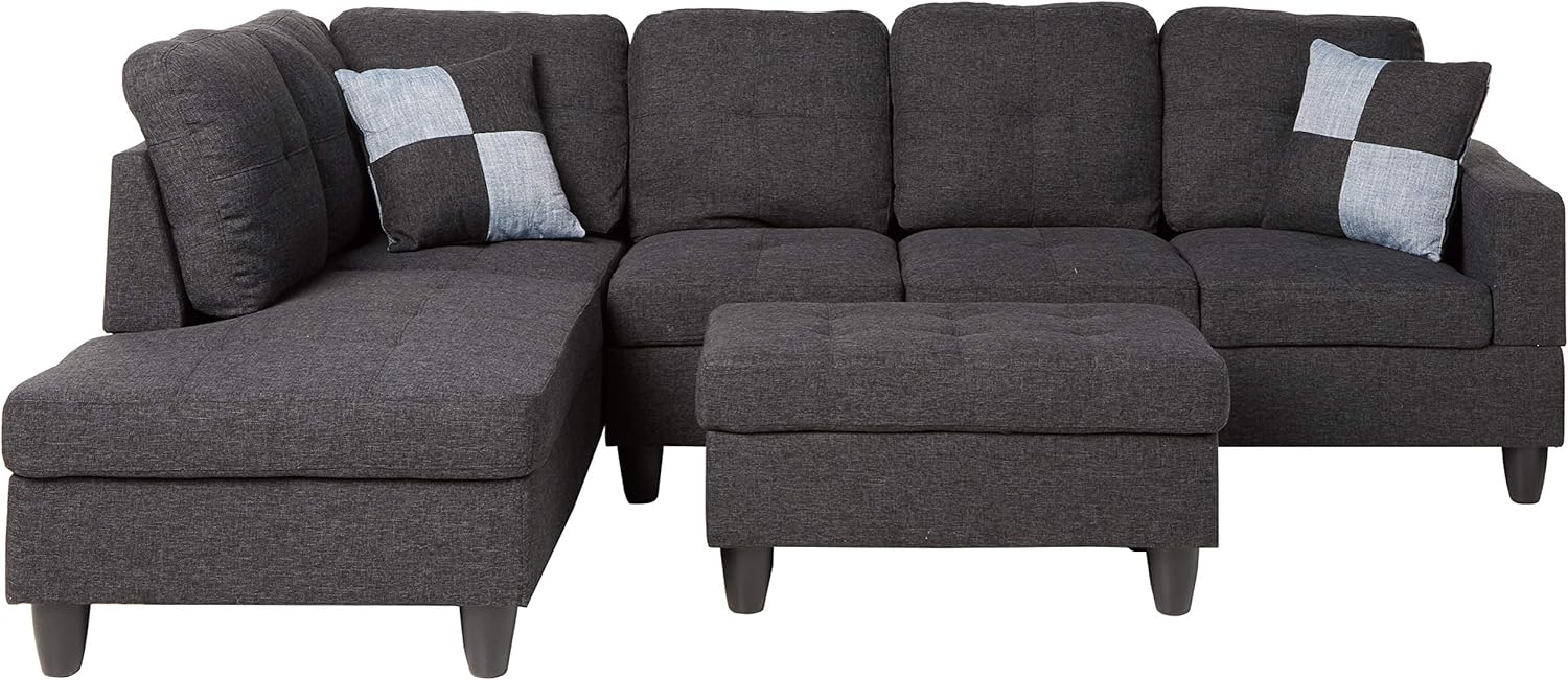 Beverly Fine Furniture Left Facing Linen Russes Sectional Sofa Set With Ottoman, Dark Grey: Furniture & Decor
