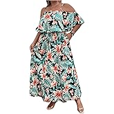 Floerns Women's Plus Size Tropical Print Cold Shoulder Boho A Line Long Dress