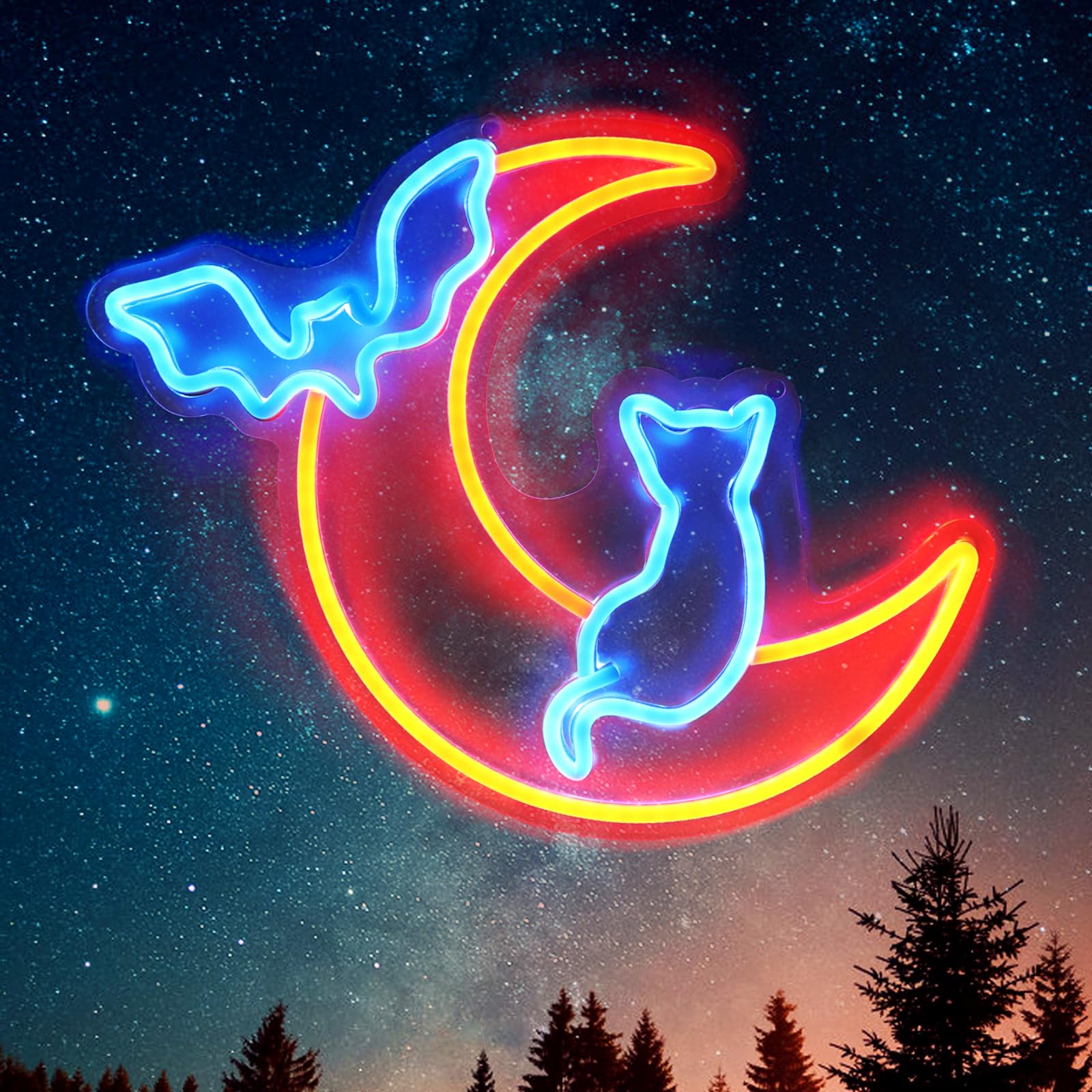 Photo 1 of Halloween Neon Sign Wall Decor - Moon&Bat&Cat Themed Halloween LED Lights for Decorating Rooms, Windows, Doors,Party,Bright Beautiful Indoor Home Hanging Art USB Powered