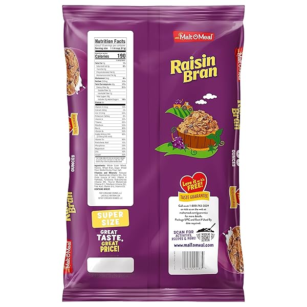 MALT-O-MEAL RAISIN BRAN CEREAL, WHEAT FLAKES AND RAISINS BREAKFAST CEREAL, LARGE SIZE FOR FAMILY, 39 OZ RESEALABLE BAG