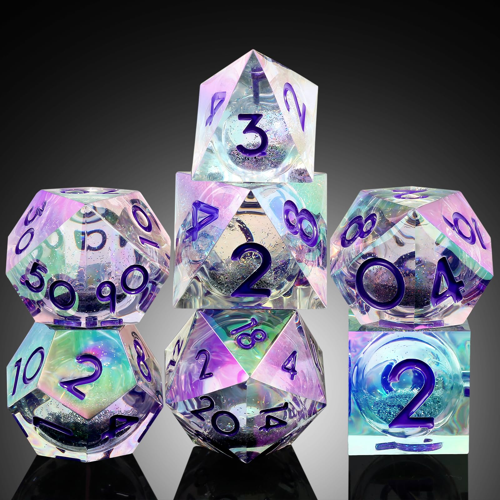 Sharp Edge Dice with Iridescent Plating, DNDND Handmade Liquid Core Resin D&D Dice Set with Dragon Metal Gift Case for Dungeons and Dragon Tabletop Games (Iridescent Plating Liquid) — image 1
