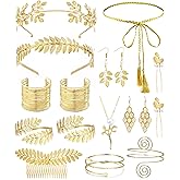 Vieyomn 17 Pcs Greek Goddess Costume Accessories Set for Women Golden Leaf Headband Hair Clips Upper Earrings Arm Cuff Earrings Belt Toga Party Jewelry