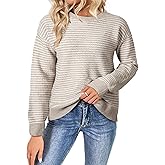 SHEWIN Women's Long Sleeve Crewneck Striped Side Split Pullover Sweater