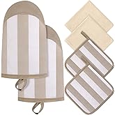 Reallnaive 6 Pcs Oven Mitts and Pot Holders Sets with Towels for Kitchen, Heat Resistant Cotton Oven Gloves with Hanging Loop Cotton Terry Outdoor Indoor Kitchen Christmas Baking Cooking BBQ(Brown)
