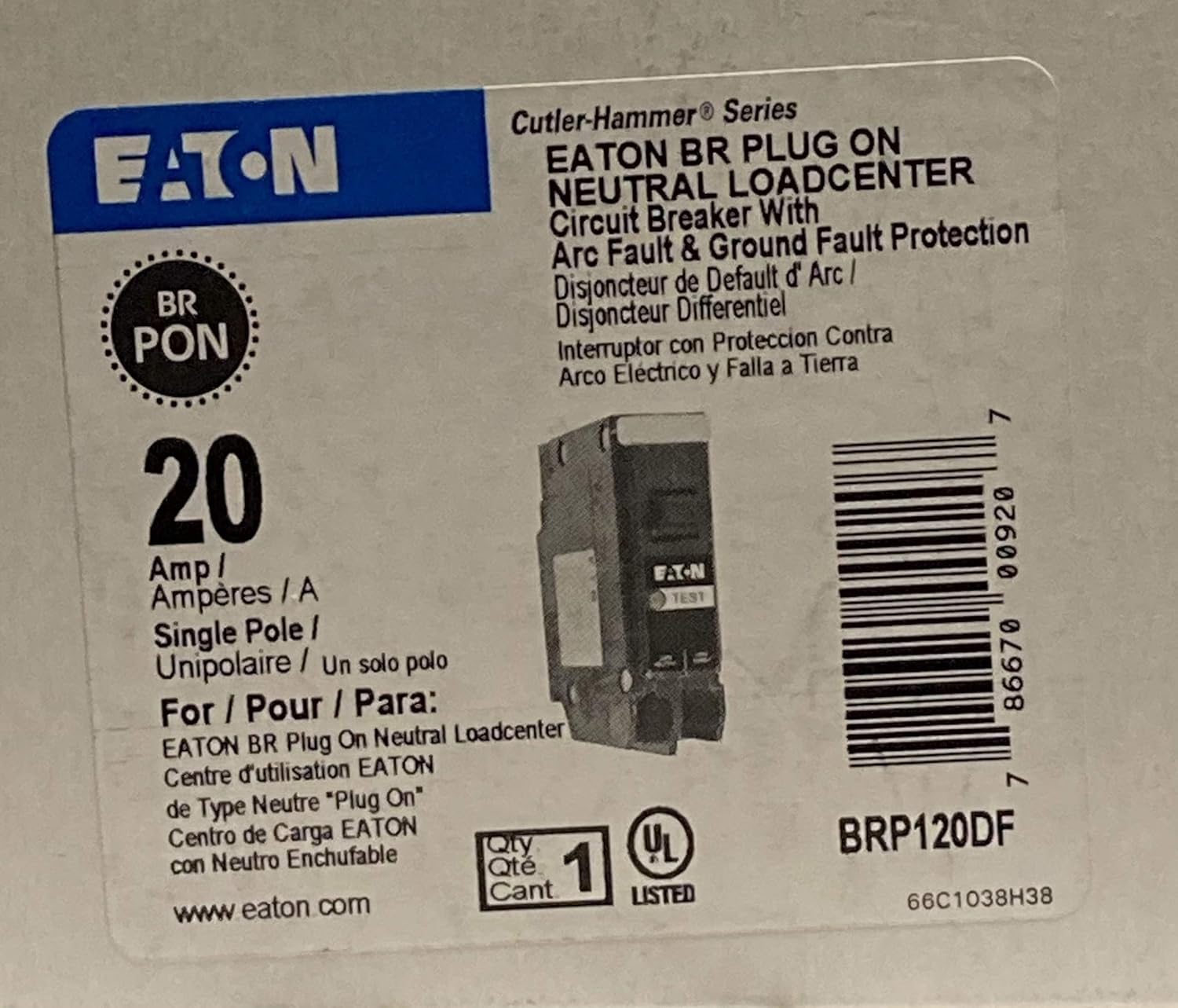 Eaton 20 amps Arc Fault/Ground Fault Single Pole Circuit Breaker - - 
