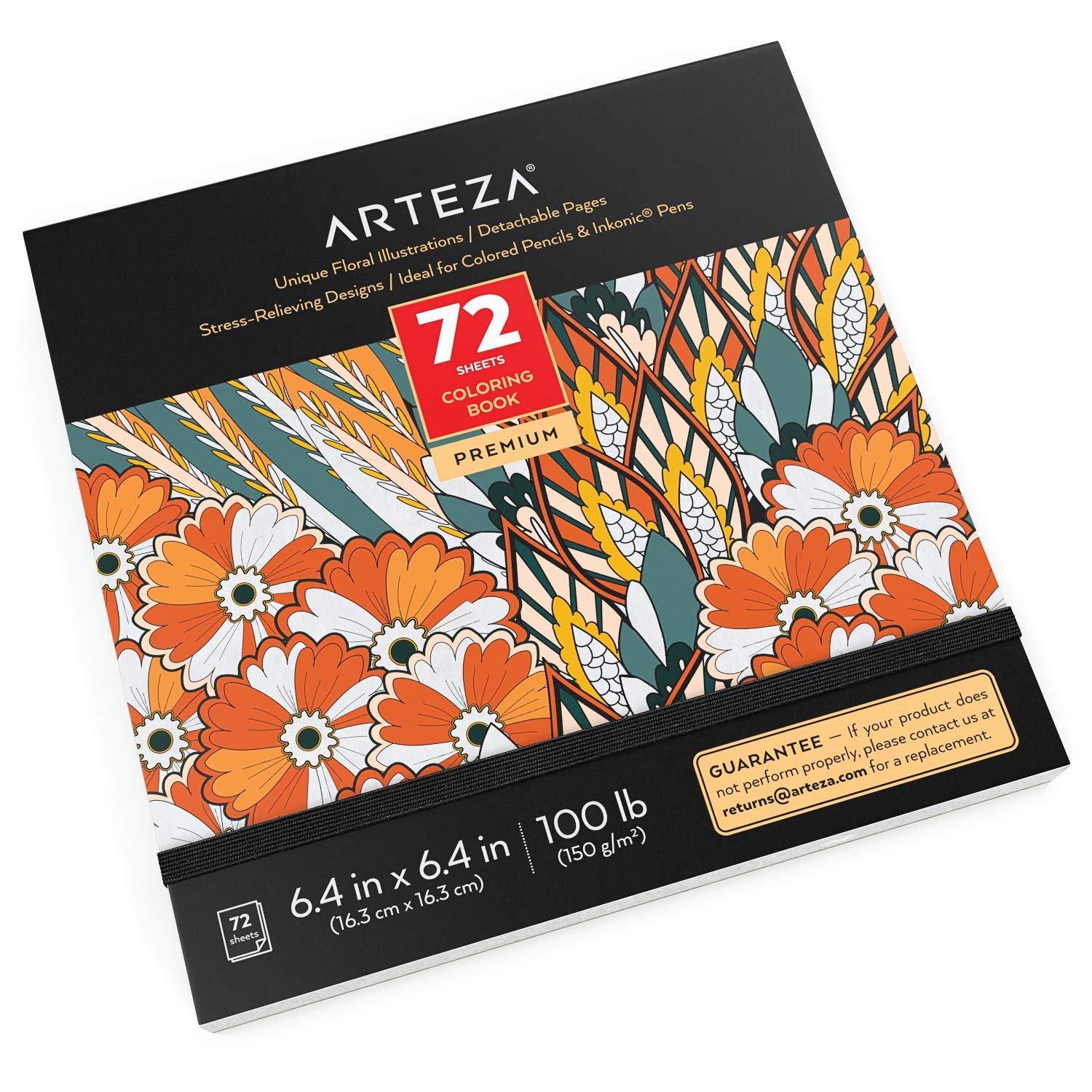 Arteza Adult Colouring Book, Floral Designs, 72 Sheets, 100 lb, 6.4x6.4 Inches, Detachable Pages, Black Outlines, Stress-Relieving Colouring Books for Women & Men