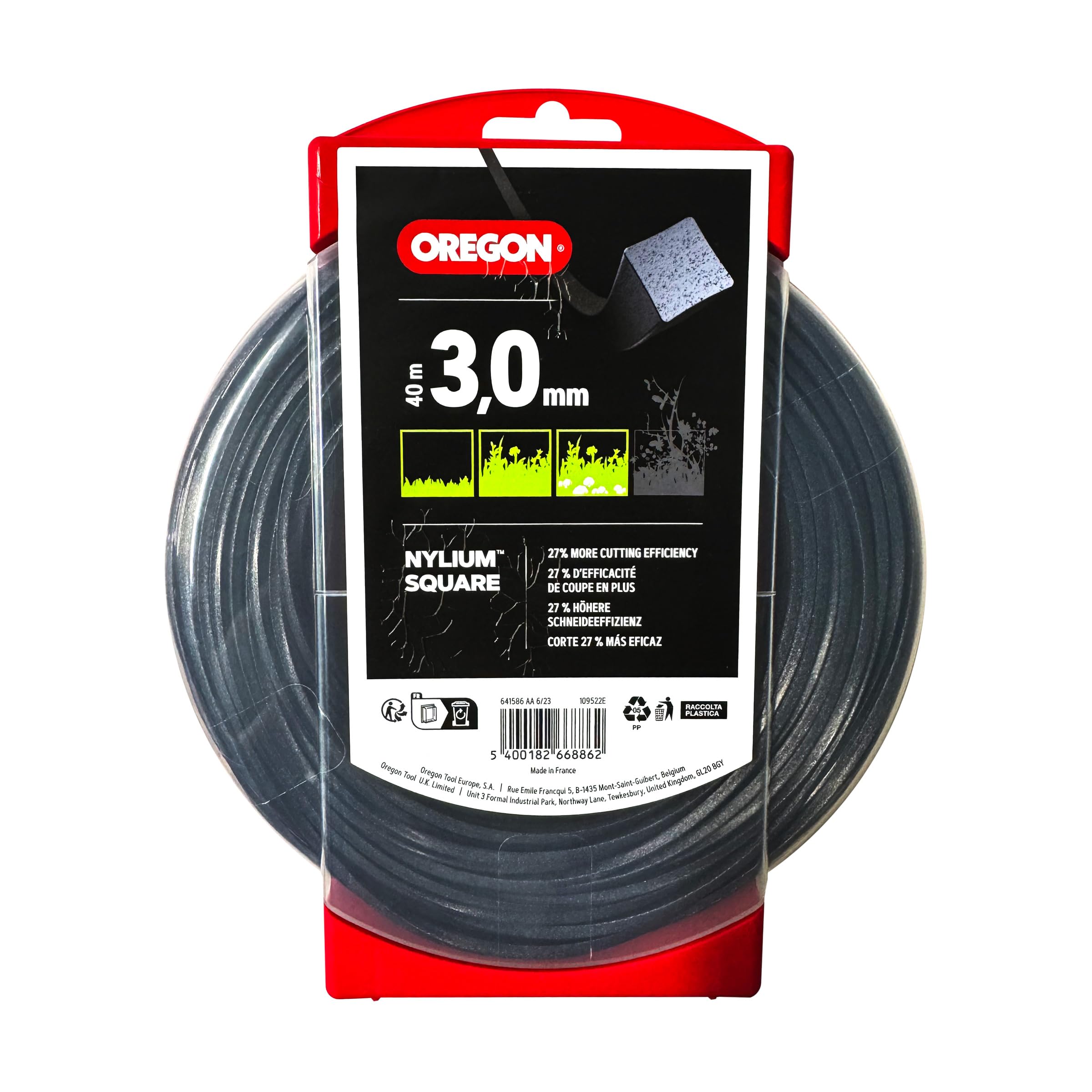 Oregon Square Shaped 3mm Strimmer Line with Aluminium Particles, Tackles Grass, Weeds & Thick Vegetation, Professional Heavy Duty Strimmer Wire, Fits Most Standard Models, 3.0 mm x 40m (109522E)