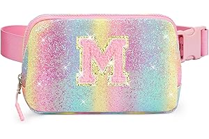COTMCOR Christmas Birthday Gifts for 5 6 7 8 9 10 11 12 Year Old Girl Teens Kids, Glitter Initial Fanny Pack for Girls Belt Bag Purse Crossbody Bags Cute Valentines Day Gifts Trendy Stuff, Pink Rainbow M