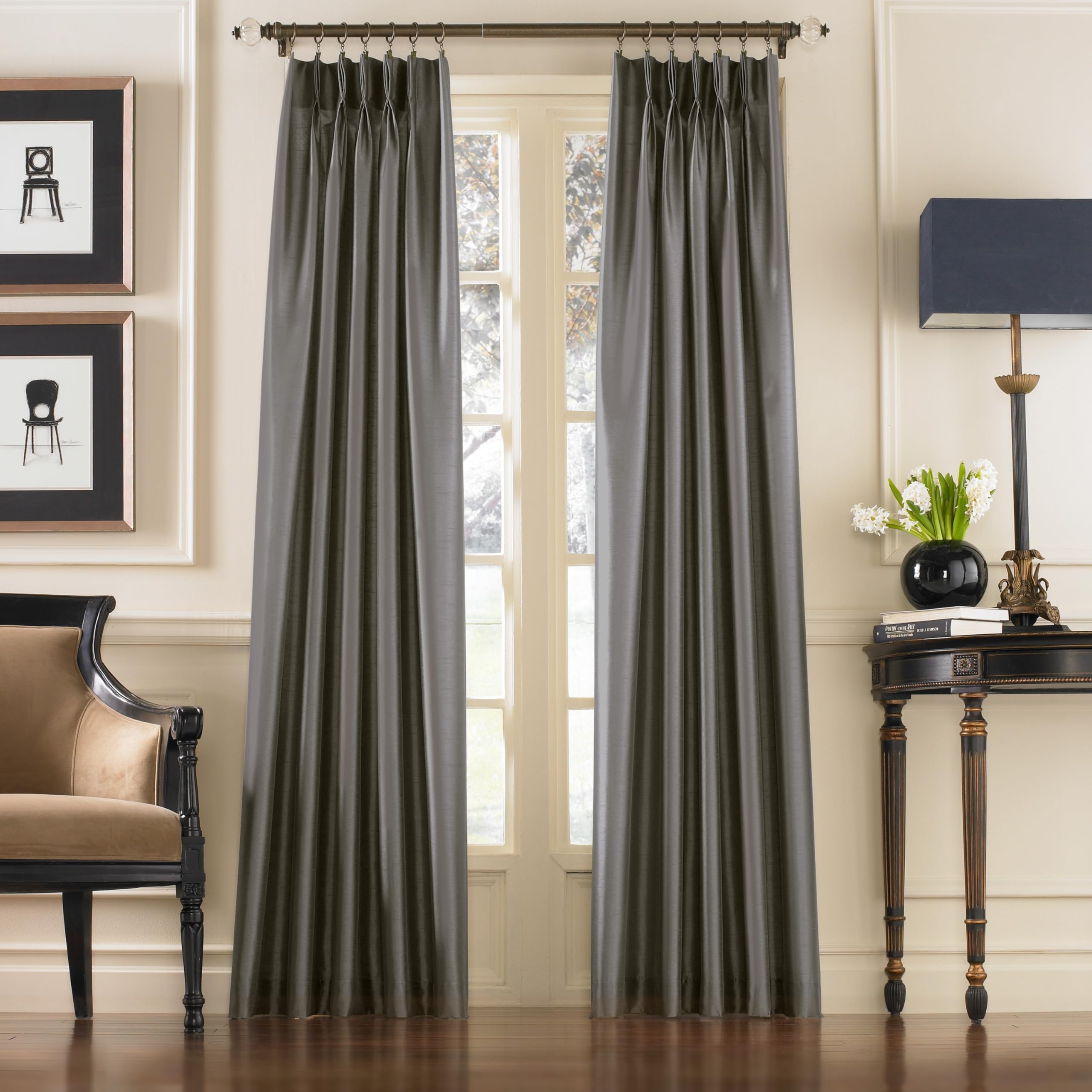 Curtainworks Marquee Faux Silk Pinch Pleat Curtain Panel, 30 by 132", Pewter