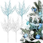 Vercraft 8pcs Blue White Coastal Christmas Tree Pick Coral Artificial Spray | Coastal Christmas Tree Decor, 15.7 in Glitter Coral Spray, Beach Stem Branch, Ocean Sea Tree Topper, for Vase Filler Wreath
