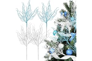 Vercraft 8 Pcs Blue White Coastal Christmas Decor 15.7inch Coastal Ornaments for Christmas Tree Artificial Flower Glitter Ocean Beach Artificial Nautical Tree Picks Branch Stem Filler for Vase Gift