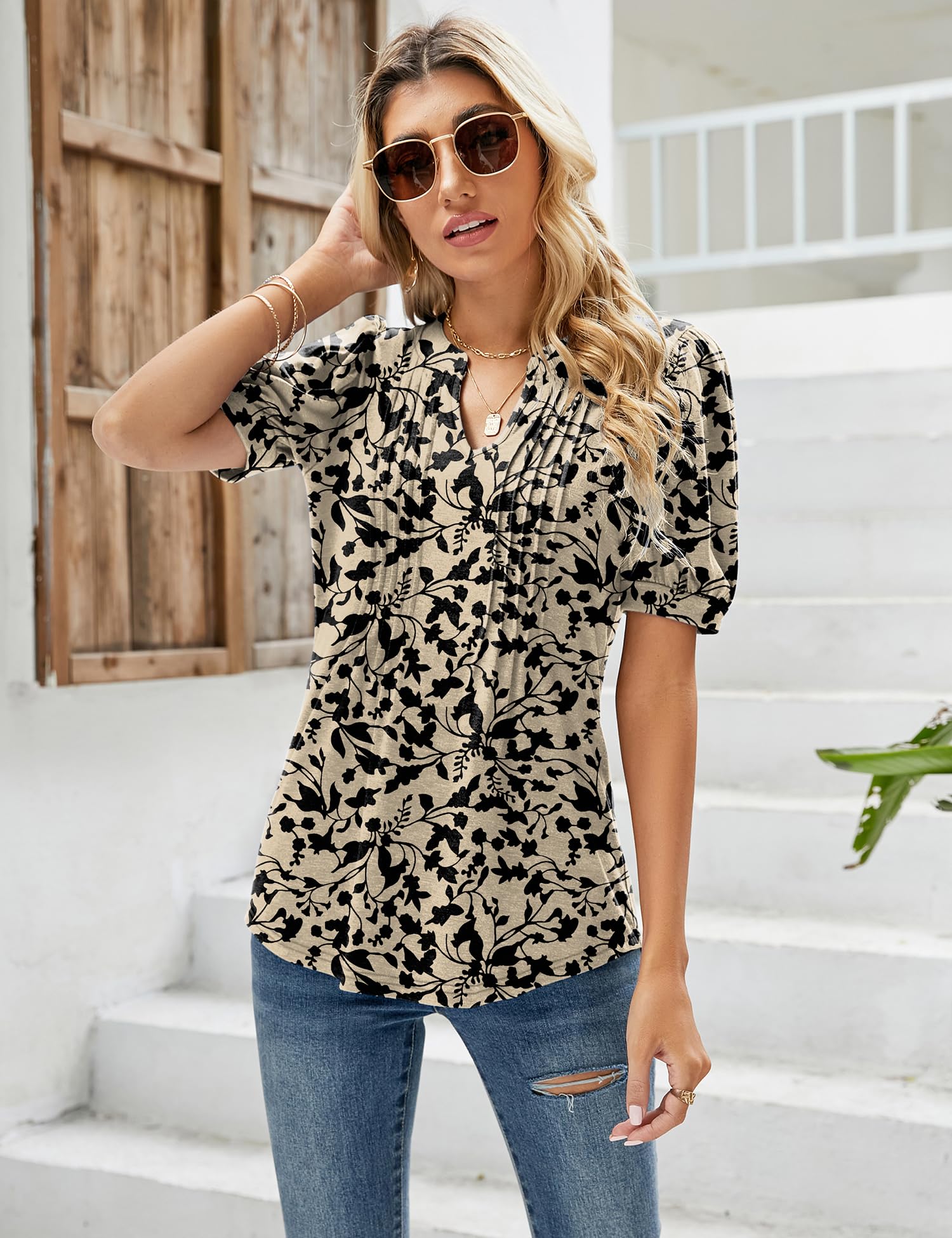 EFFAN Womens Tunic Tops Short Sleeve Summer T Shirts Ladies Blouses Floral Printed Fashion Top Floral_Apricot M (UK 12-14)