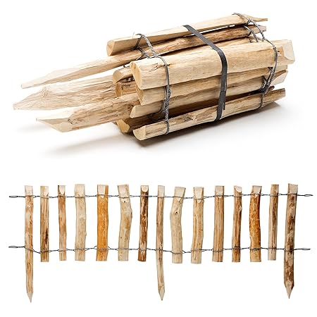 Natürlicher Steckzaun aus Holz in 3 Größen (Haselnuss) mit integrierten Pfosten · Rollboarder für Beetumrandung und Wegabgren
