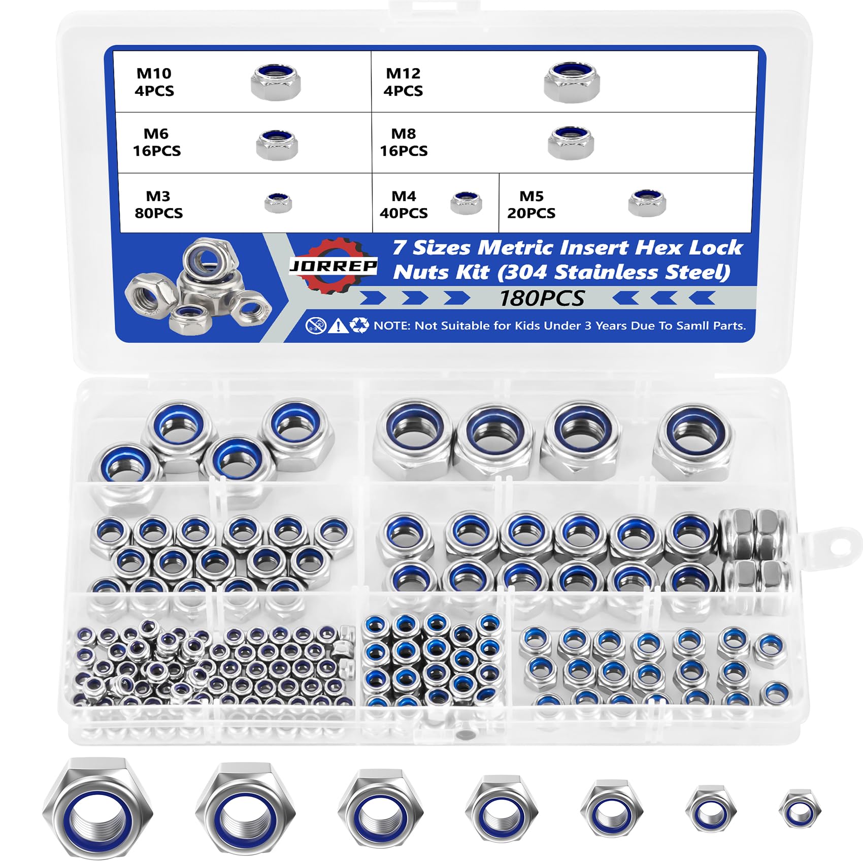 Lock Nuts, 180Pcs Hex Locknuts Assortment Kit, 304 Stainless Steel Metric Nylon Insert Lock Nuts Kit, 7 Size-M3 M4 M5 M6 M8 M10 M12 Hex Nut & Locknuts Set for Industrial & Home