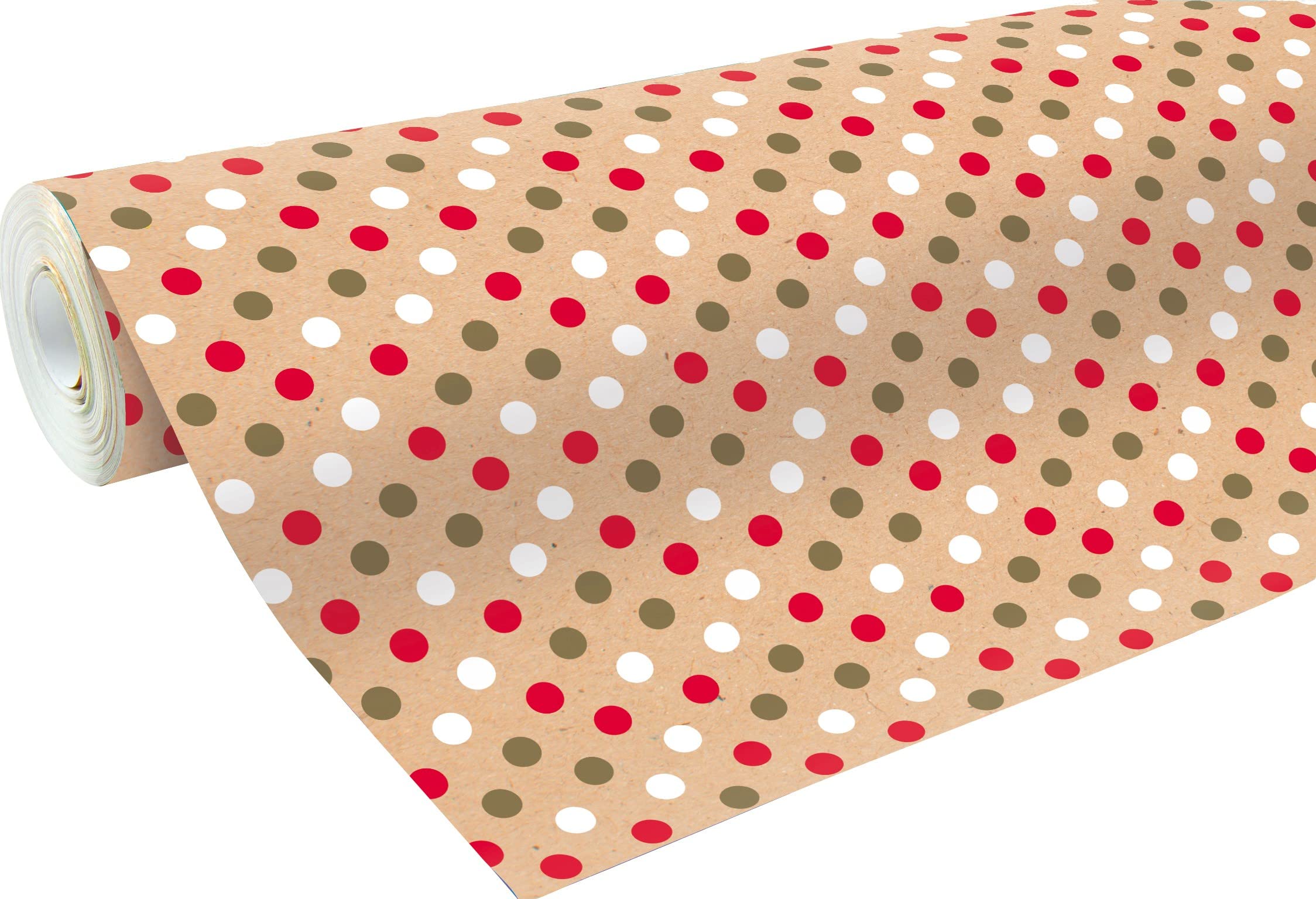Clairefontaine 223800C -Reel of Recycled Raw Kraft Paper - Dimensions: 50mx70 cm - 70g - Red White and Gold Polka Dots - Recycled paper, ideal for gift wrapping