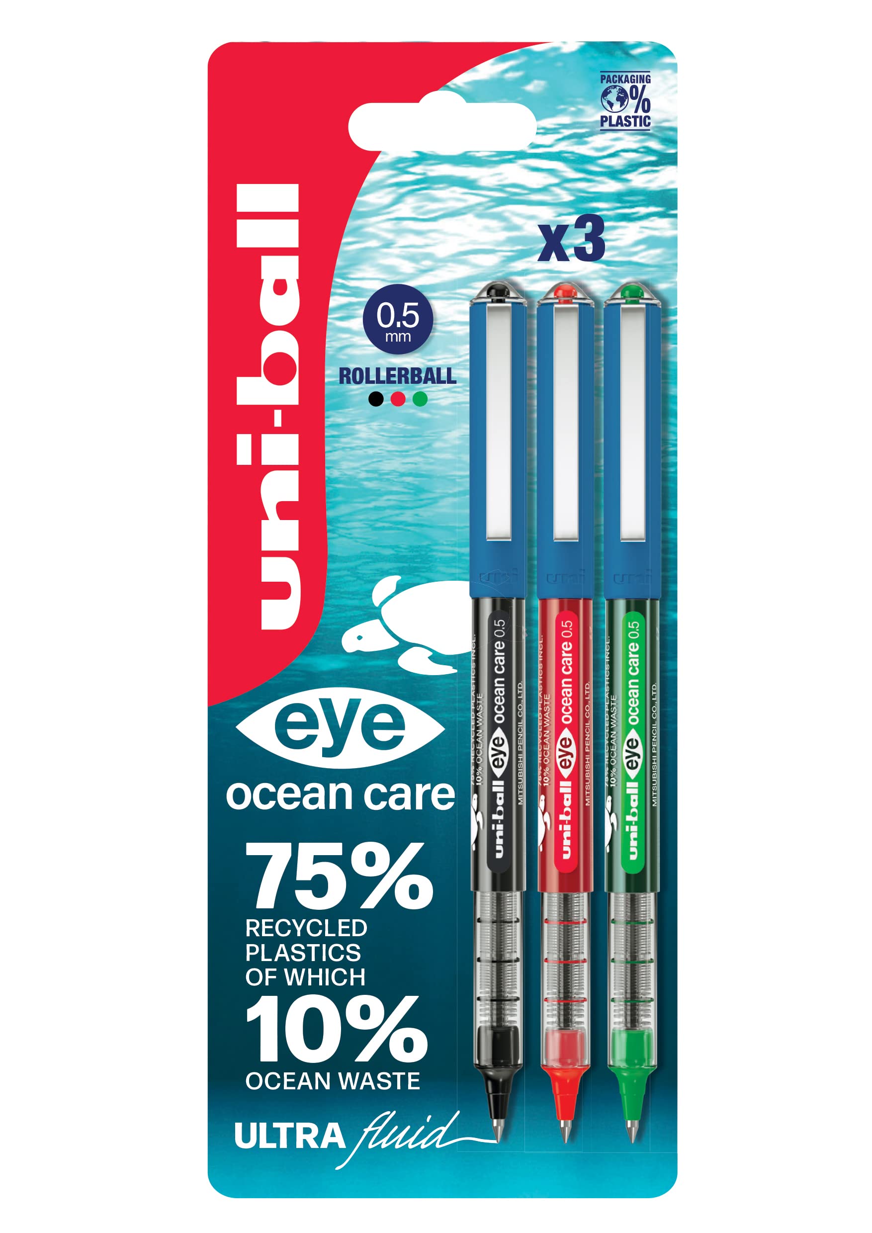 uni-ball Eye Ocean Care UB-150ROP Rollerball Pens. Micro 0.5mm Ballpoint Tip for Smooth Writing, Drawing, Art & Colouring. Fade and Water Resistant Liquid Uni Super Ink. 3 Pack Black, Red, Green — image 1